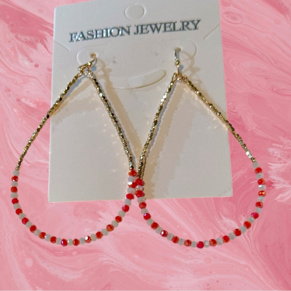 3” teardrop hoops red white glass beads goldtone fashion jewelry lightweight new